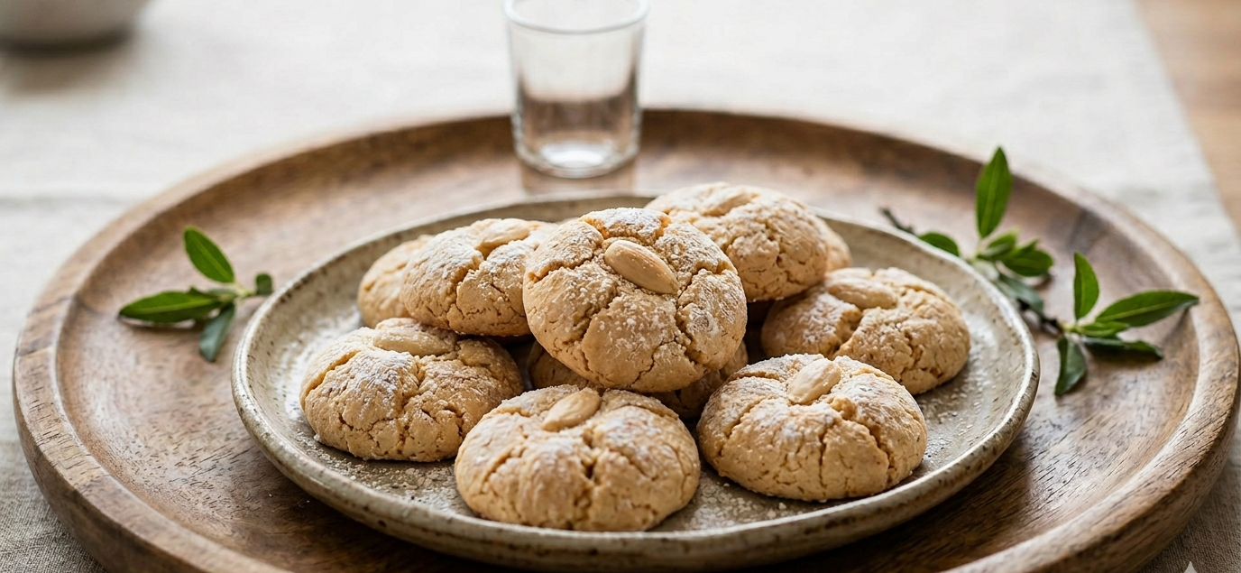 Detailní pohled na čerstvě upečené sušenky Amaretti s popraskanou kůrkou a mandlovými plátky, podávané na keramickém talíři na dřevěném podnosu. Láhev Mandlovky byla odstraněna, takže kompozice je čistá a zaměřená na sušenky. Zachována zůstala prázdná sklenka a větvičky. Teplé, přirozené světlo a rustikální atmosféra.