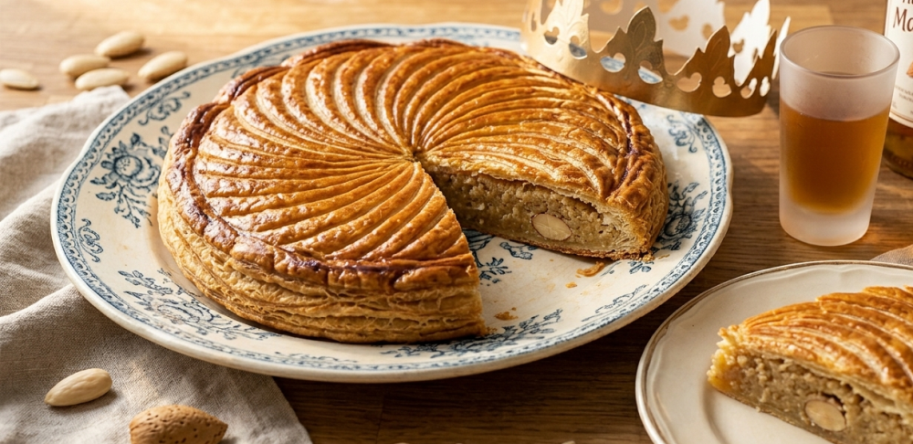 Detailní pohled na přípravu francouzského koláče Galette des Rois na dřevěném stole. Ruka pekaře právě vkládá celou mandli do středu bohaté vrstvy mandlového krému Frangipane na kruhovém plátu listového těsta. V pozadí je připraven druhý plát těsta s dekorativním vzorem, miska s rozšlehaným vejcem, mašlovačka a papírová královská koruna.