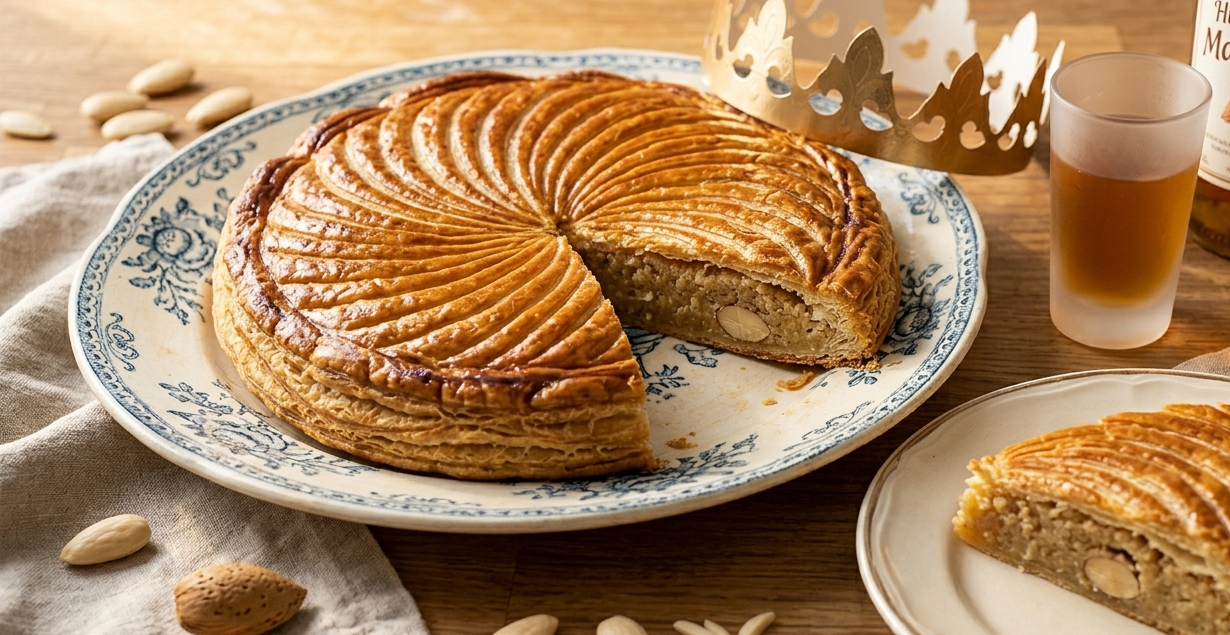 Detailní pohled na přípravu francouzského koláče Galette des Rois na dřevěném stole. Ruka pekaře právě vkládá celou mandli do středu bohaté vrstvy mandlového krému Frangipane na kruhovém plátu listového těsta. V pozadí je připraven druhý plát těsta s dekorativním vzorem, miska s rozšlehaným vejcem, mašlovačka a papírová královská koruna.