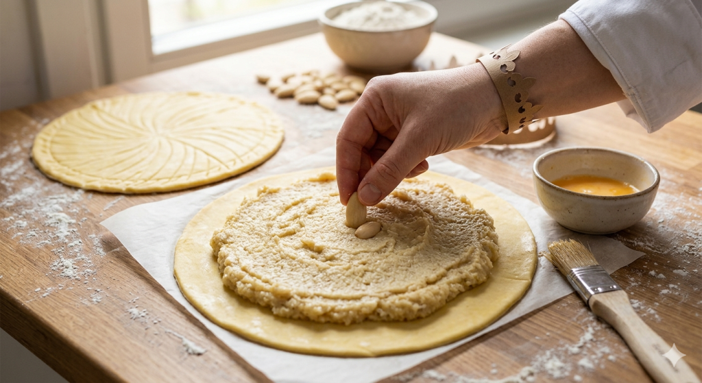Upečený a zlatavý tříkrálový koláč Galette des Rois s tradičním spirálovitým vzorem, servírovaný na zdobeném talíři. Z koláče je ukrojen jeden dílek, který leží vedle na malém talířku a odhaluje bohatou mandlovou náplň s ukrytou mandlí. Scénu na dřevěném stole doplňuje sklenka likéru, láhev Hustopečské Mandlovky, papírová královská koruna a rozesypané mandle.