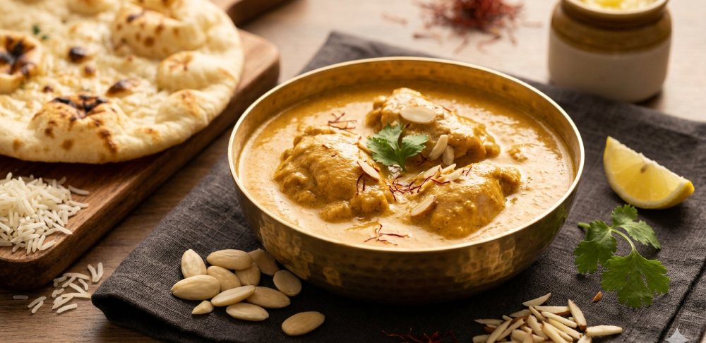 Detailní pohled na finální pokrm Královské Badami Murgh Korma podávaný v tradiční, ručně tepané mosazné misce na tmavé lněné tkanině. Bohaté, sametově krémové kari zlatavé barvy (díky šafránu) obaluje křehké kousky kuřete. Pokrm je hojně posypán plátky blanšírovaných mandlí a jemnými nitkami šafránu. Vedle misky leží čerstvě upečený, nadýchaný chléb Naan s viditelnými stopami po pečení a malá kupa rýže basmati. Teplé, přirozené světlo zdůrazňuje textury bohaté omáčky a mandlí. Autentická a luxusní atmosféra.