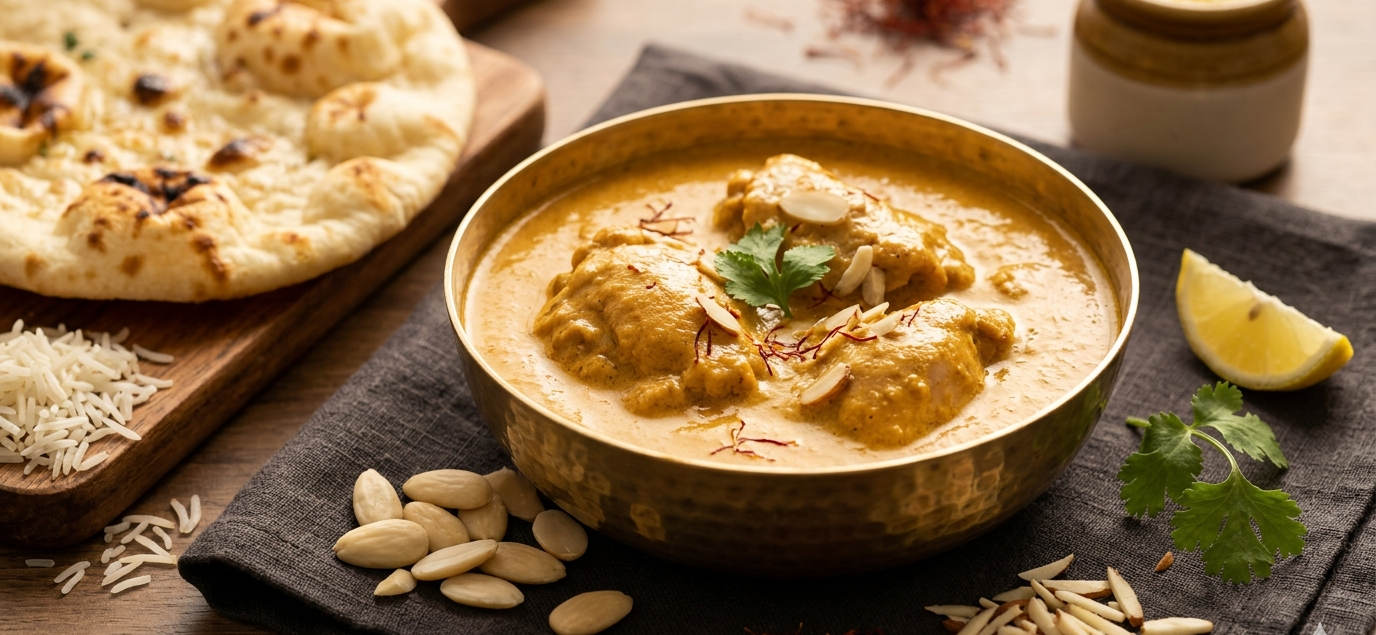 Detailní pohled na finální pokrm Královské Badami Murgh Korma podávaný v tradiční, ručně tepané mosazné misce na tmavé lněné tkanině. Bohaté, sametově krémové kari zlatavé barvy (díky šafránu) obaluje křehké kousky kuřete. Pokrm je hojně posypán plátky blanšírovaných mandlí a jemnými nitkami šafránu. Vedle misky leží čerstvě upečený, nadýchaný chléb Naan s viditelnými stopami po pečení a malá kupa rýže basmati. Teplé, přirozené světlo zdůrazňuje textury bohaté omáčky a mandlí. Autentická a luxusní atmosféra.