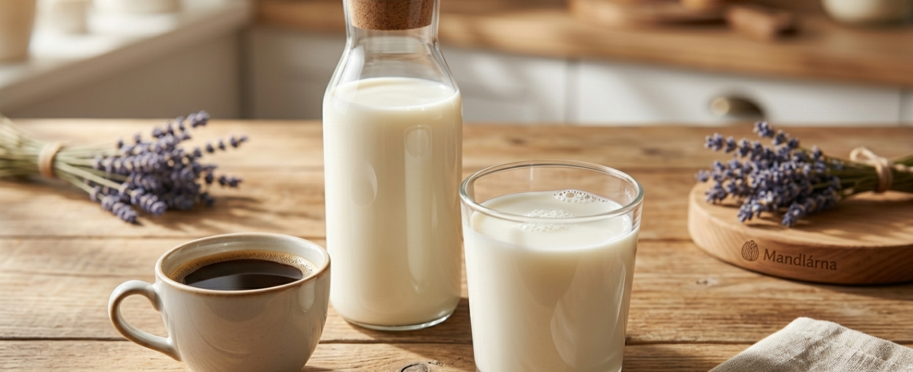Síla studené extrakce Detailní záběr na hotové, krémové a sněhově bílé domácí mandlové mléko. Mléko je nalito v čisté skleněné lahvi se zátkou a v jednoduché sklence, které stojí na rustikálním dřevěném stole. V pozadí je vidět rozostřené prostředí útulné kavárny Mandlárna s drobnými detaily, jako je sušená levandule, a šálek čerstvé kávy, což naznačuje kulinářské využití nápoje. Přirozené světlo zdůrazňuje čistotu a jemnou texturu mléka.